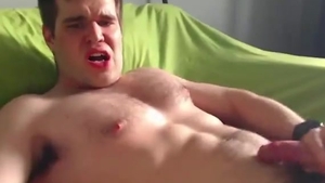 Toned lad Tugs His bushy penis love juice At 05:22